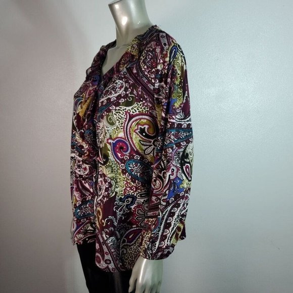 Chico's Top Size XL Petite Paisley Ruffle Stretch Long Sleeve Casual Multi - Picture 3 of 6